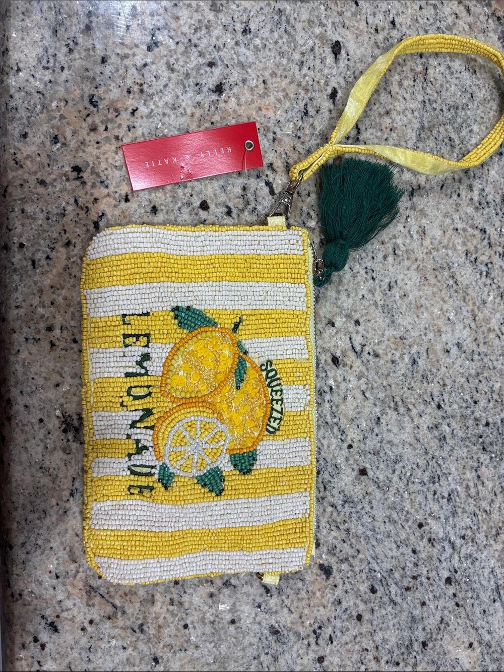 Kelly & Katie Yellow & White Beaded Lemon Wristlet with Green Tassel